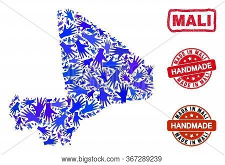 Vector Handmade Collage Of Mali Map And Unclean Watermarks. Mosaic Mali Map Is Composed Of Random Bl