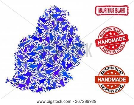 Vector Handmade Collage Of Mauritius Island Map And Textured Seals. Mosaic Mauritius Island Map Is D
