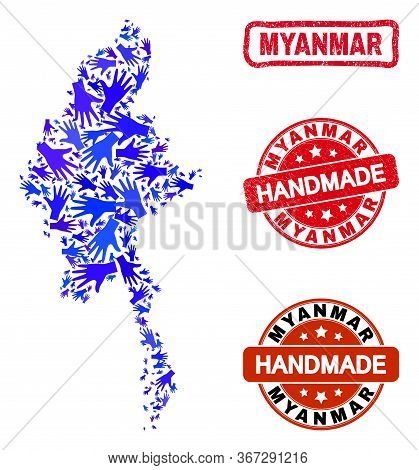 Vector Handmade Collage Of Myanmar Map And Grunge Stamp Seals. Mosaic Myanmar Map Is Created With Sc