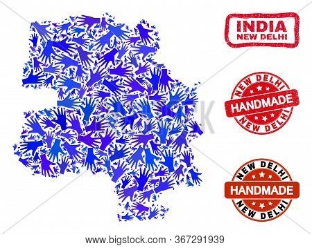 Vector Handmade Composition Of New Delhi City Map And Scratched Seals. Mosaic New Delhi City Map Is 
