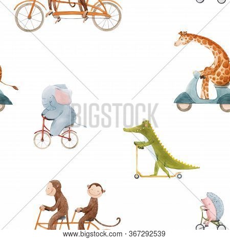 Beautiful Vector Seamless Pattern For Children With Watercolor Hand Drawn Cute Animals On Transport.