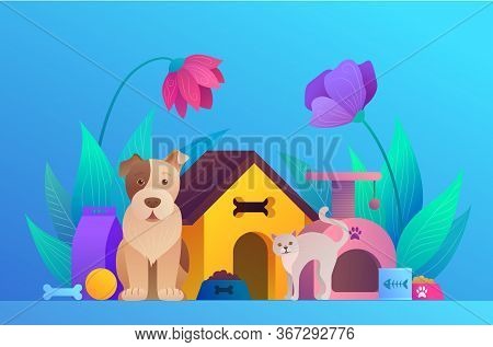 Pets Service Cartoon Landing Page Design. Welcome To Animal Store Concept With Cute Dog And Cat. Pet