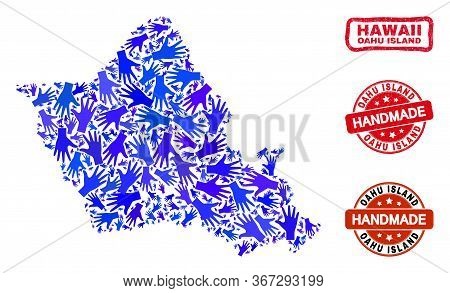 Vector Handmade Composition Of Oahu Island Map And Rubber Watermarks. Mosaic Oahu Island Map Is Orga