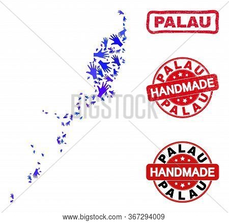 Vector Handmade Combination Of Palau Map And Rubber Seals. Mosaic Palau Map Is Made With Scattered B