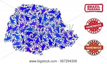 Vector Handmade Collage Of Parana State Map And Textured Stamp Seals. Mosaic Parana State Map Is Mad
