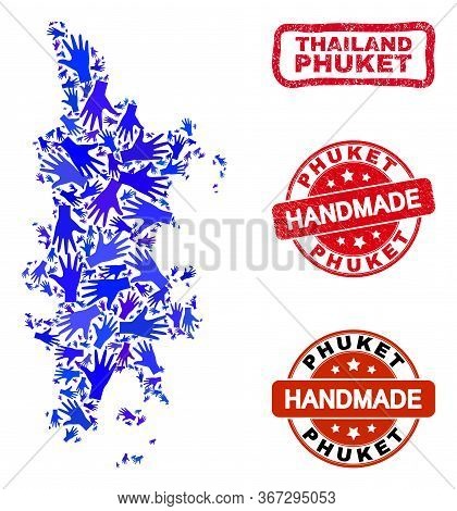 Vector Handmade Combination Of Phuket Map And Corroded Seals. Mosaic Phuket Map Is Formed Of Scatter