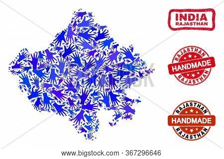 Vector Handmade Composition Of Rajasthan State Map And Rubber Seals. Mosaic Rajasthan State Map Is M