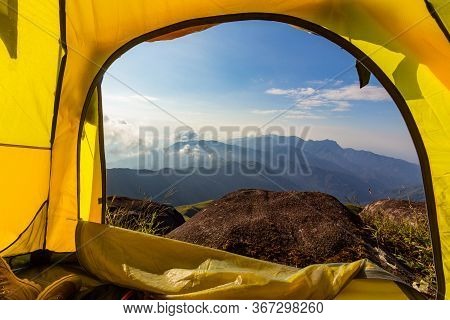 Mountain View In The Morning Looking Through The Tent To The Front.  ; Mulayit Taung,moei Wadi,myanm