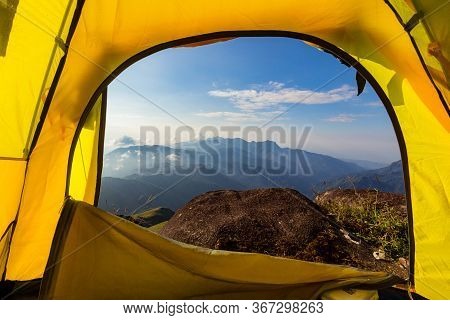 Mountain View In The Morning Looking Through The Tent To The Front.  ; Mulayit Taung,moei Wadi,myanm