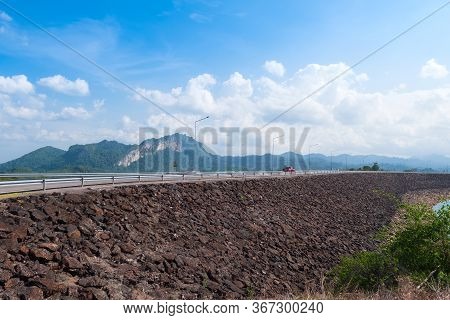 Scenic Landscape Of Big River And Reservoir Dam With Mountain And Nature Forest