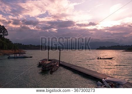 Scenic Landscape Of Big River And Reservoir Dam With Mountain And Nature Forest