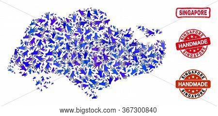 Vector Handmade Combination Of Singapore Map And Corroded Watermarks. Mosaic Singapore Map Is Made O