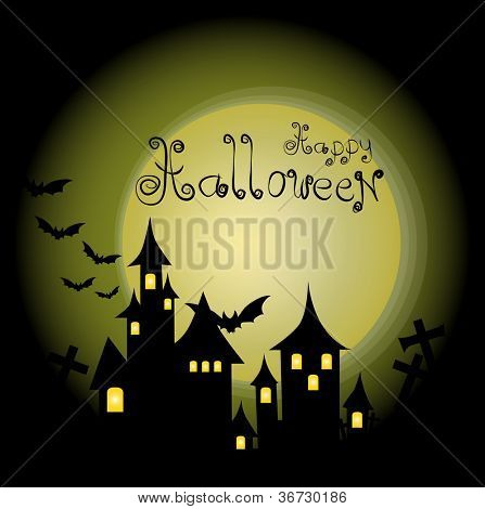 Halloween a tema Design: Sfondo Halloween casa infestata, pipistrelli e luna piena, vettore illustr