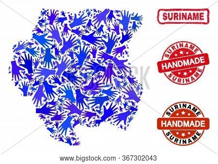 Vector Handmade Collage Of Suriname Map And Grunge Stamp Seals. Mosaic Suriname Map Is Composed From