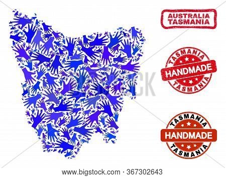 Vector Handmade Combination Of Tasmania Island Map And Rubber Stamp Seals. Mosaic Tasmania Island Ma