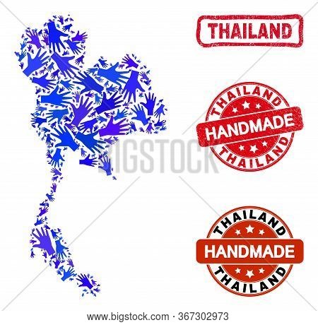 Vector Handmade Collage Of Thailand Map And Rubber Watermarks. Mosaic Thailand Map Is Constructed Fr