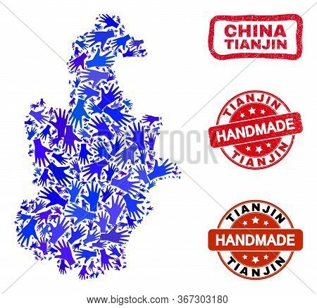 Vector Handmade Collage Of Tianjin City Map And Rubber Stamp Seals. Mosaic Tianjin City Map Is Creat