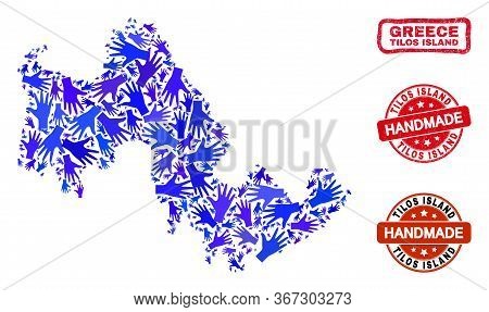 Vector Handmade Collage Of Tilos Island Map And Rubber Watermarks. Mosaic Tilos Island Map Is Made O