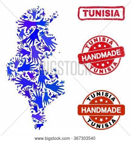Vector Handmade Combination Of Tunisia Map And Unclean Seals. Mosaic Tunisia Map Is Designed Of Rand
