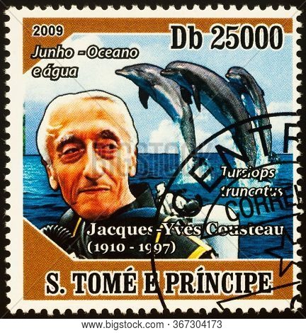Moscow, Russia - May 21, 2020: Stamp Printed In Sao Tome And Principe Shows Portrait Of Jacques-yves