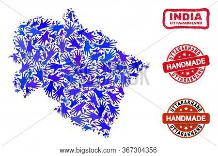 Vector Handmade Composition Of Uttarakhand State Map And Rubber Stamp Seals. Mosaic Uttarakhand Stat