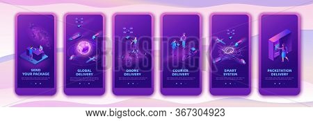 Isometric Delivery Service With Truck At Warehouse, Mobile App Template Set, Smart Logistics Company