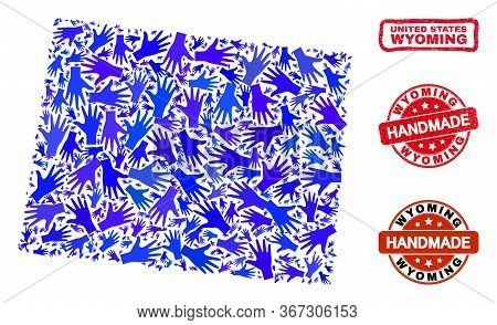 Vector Handmade Composition Of Wyoming State Map And Dirty Stamp Seals. Mosaic Wyoming State Map Is 