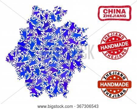 Vector Handmade Collage Of Zhejiang Province Map And Rubber Watermarks. Mosaic Zhejiang Province Map