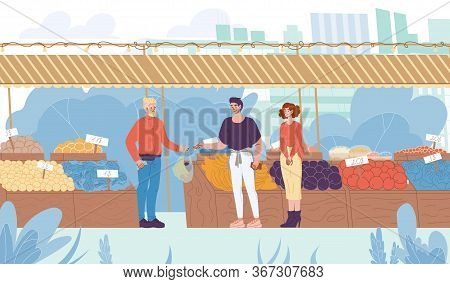 Family Shopping. Couple Buy Healthy Green Natural Eco Products At Street Farmer Market. Salesman Off