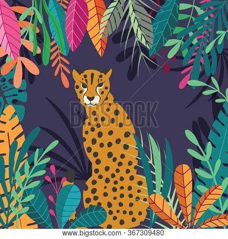 Cute Exotic Wild Big Cat Cheetah Sitting On Dark Tropical Background With Collection Of Exotic Plant