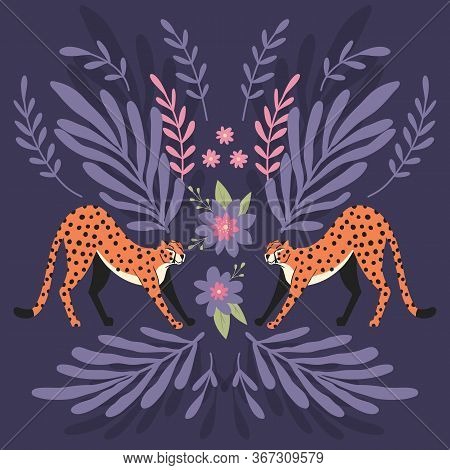 Two Cute Hand Drawn Cheetahs Stretching On Dark Purple Background With Exotic Plants. Flat Vector Il