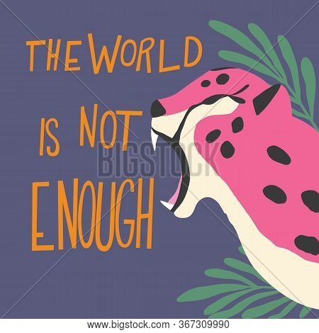 Cute Exotic Wild Big Cat Pink Cheetah Roaring On Purple Background With Hand Lettering Message The W