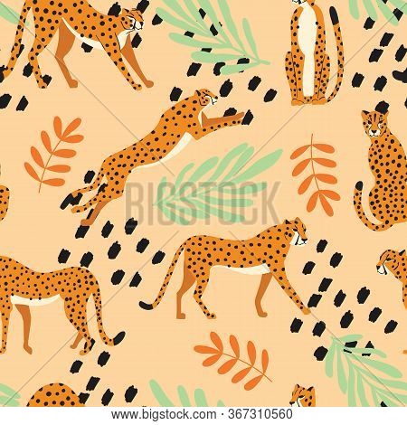 Seamless Pattern With Hand Drawn Exotic Big Cat Cheetahs, With Tropical Plants And Abstract Elements