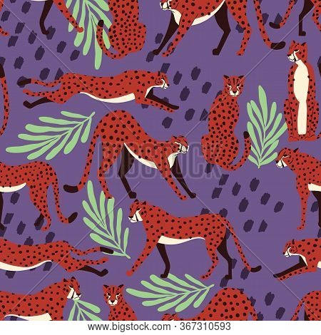 Seamless Pattern With Hand Drawn Exotic Big Cat Cheetahs, With Tropical Plants And Abstract Elements