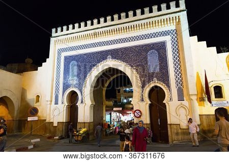 Fez, Morocco - May 31, 2017: Evening View Of The Famous Historic Bab Bou Jeloud Gate. Is An Ornate C