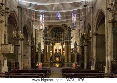 Barcelona, Spain - May 15, 2017: Interior Of The Basilica Of Saints Justus And Pastor. The Construct