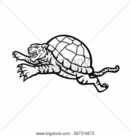 Mascot Icon Illustration Of Head Of A Turtle Tiger, A Tiger That Is Half Turtle With Shell Leaping J