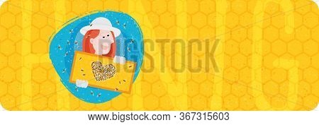 Label For Beekeeper, For Honey Products Woman With Beekeeping Hat And Gloves, Holding Honeycomb. Bee