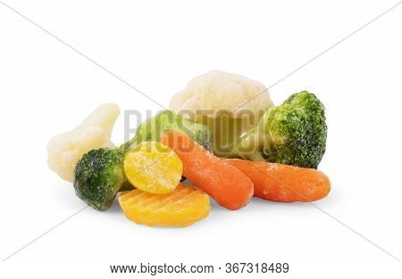 Glass Dish On A White Background, Isolated Pile Of Frozen Vegetables