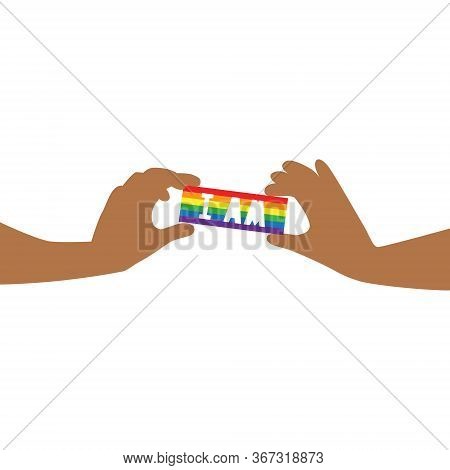 Vector Illustration Of Black Hands Carefully Holding Rainbow Lgbt Flag Colors With I Am Phrase. Igbt