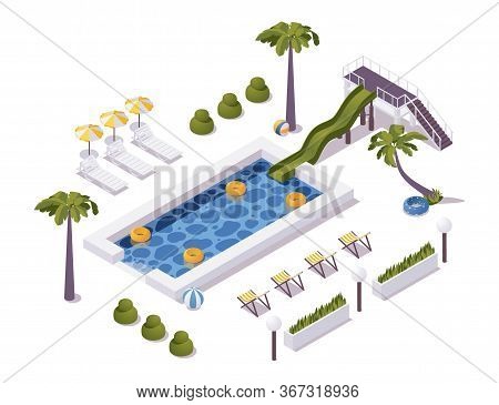 Isometric Pool Scene With Palm Trees, Water Slide, Deck Chairs. For Hotels, Cottages, Water And Aqua