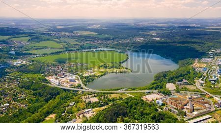 The Ceske Udoli Reservoir on Radbuza River is dam in Pilsen. Aerial view to important source of sustainable energy in Czech Republic.