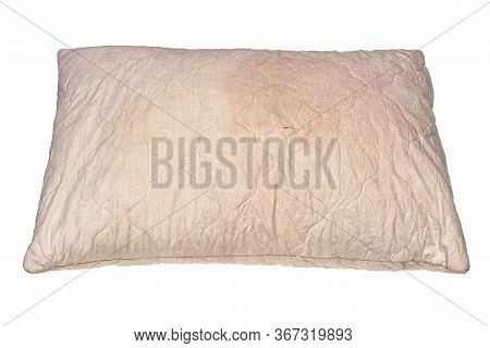 Dirty Used Spotted Pillow Isolated On White Background In Slanted Frontal Perspective