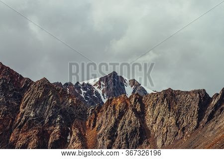 Awesome View To Giant Glacier On Great Pointed Rock Behind Beautiful Mountain Wall With Sharp Stones