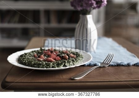 Plate Of Risotto Food. Healthy Food. Rice Food. Plate Of Spinach Risotto. Rice With Spinach Food. It