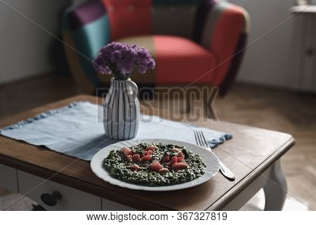 Plate Of Risotto Food. Healthy Food. Rice Food. Plate Of Spinach Risotto. Rice With Spinach Food. It