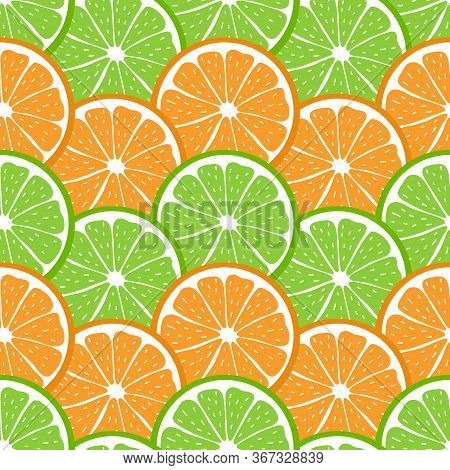 Seamless Pattern With Sliced Pieces Of Citrus Fruit. Colorful Background Of Tropical Fruits. Stock V