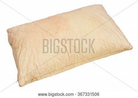 Dirty Used Spotted Pillow Isolated On White Background In Diagonal Composition