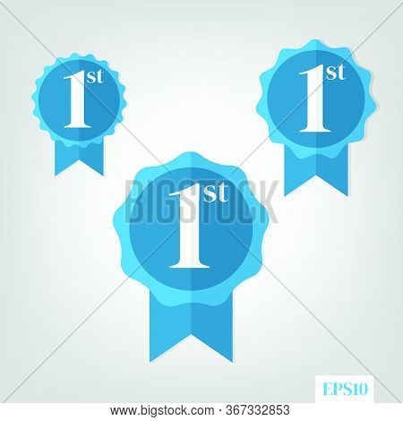 Set Of Number 1 Winner Blue Ribbon Award Badge, First Place Award,flat Design Style,ribbon For Busin