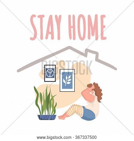Stay Home Banner Design. Young Woman In Sport Clothes Practicing Sport Exercises, Doing Workout Duri